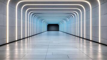 A long tunnel with white lights and a long hallway photo