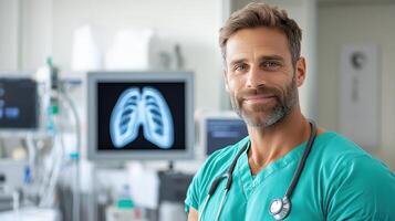 A male doctor in scrubs standing in front of a lung image photo