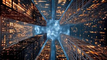 A view of skyscrapers at night with clouds in the sky photo