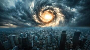A tornado is seen over a city photo
