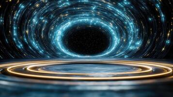 A dark tunnel with glowing lights and a circular hole photo