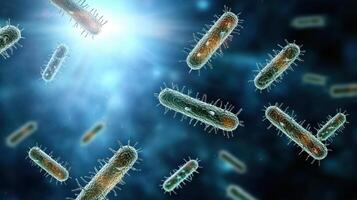 Bacteria in the air, with a bright light shining on them photo