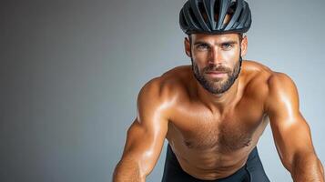 A shirtless man wearing a helmet and riding a bike photo