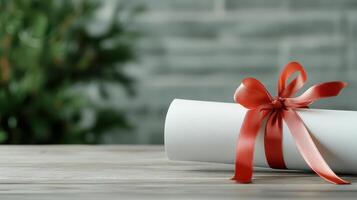 A white paper with a red ribbon tied around it photo