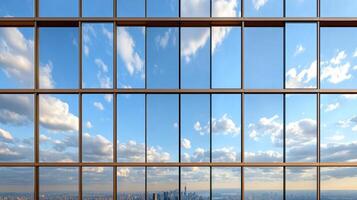 A view of the city from inside a large glass building photo