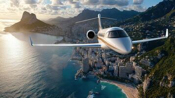 A private jet flying over a city and ocean photo