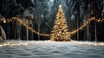 A christmas tree in the snow with lights photo