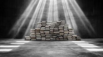 A pile of books in a dark room with sunlight coming through photo