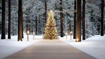 A walkway in the snow with a christmas tree photo