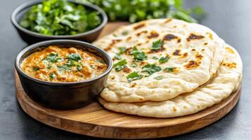 Indian naan bread with curry sauce photo