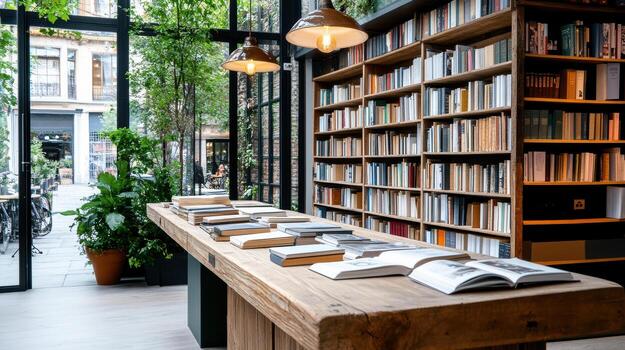 A library with books on a wooden table photo