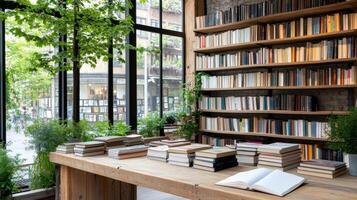 A wooden desk with books and plants in front of a window photo