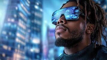 A man with dreadlocks wearing futuristic glasses photo