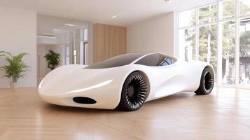 A futuristic car is sitting in a room photo