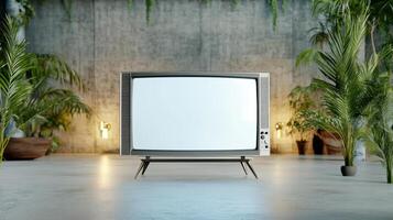 An old television sits in front of a wall with plants photo