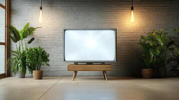 A large television is sitting in front of a brick wall photo