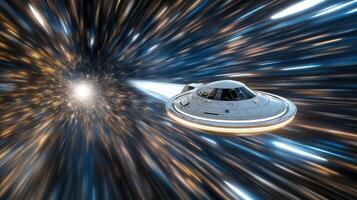 A spaceship flying through space with a bright light photo
