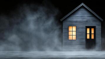 A house in the fog with a door open photo