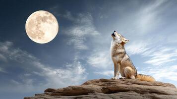 A wolf sitting on a rock looking up at the moon photo