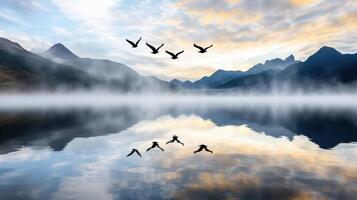 Birds flying over a lake with mountains in the background photo