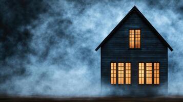 A dark house with windows and a foggy background photo