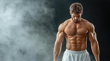 A man with no shirt on is standing in front of a smoke cloud photo