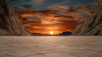 A desert landscape with a sunset in the background photo