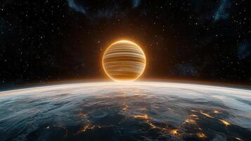An image of the planet with a bright yellow ring photo