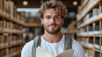 A man with curly hair holding a book in a library photo