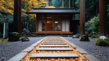 A path leads to a small japanese house in the woods photo