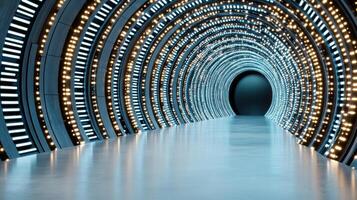 A long tunnel with lights on the walls photo