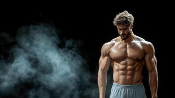 A man with no shirt on is standing in front of smoke photo