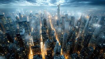 A cityscape with tall buildings and lights photo