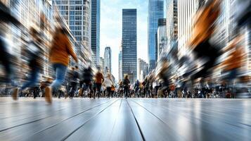 Blurred image of people walking in a city photo