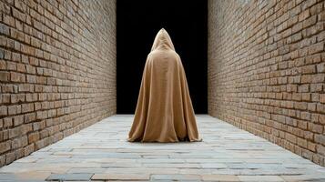 A person in a hooded cloak standing in a dark tunnel photo