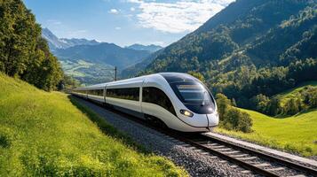 A white train traveling down a track in the mountains photo