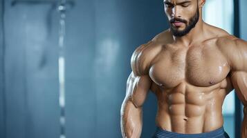 A man with a muscular body is standing in front of a mirror photo
