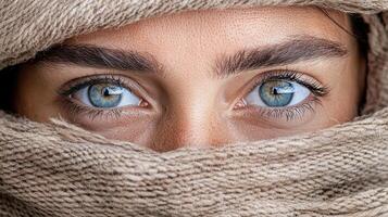 A woman with blue eyes covered in a blanket photo