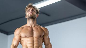 A shirtless man standing in front of a mirror photo