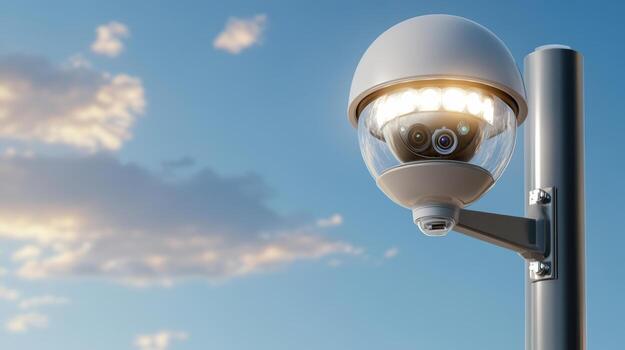 A security camera is shown on a pole photo