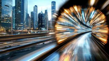 A blurry image of a city with a train going through it photo
