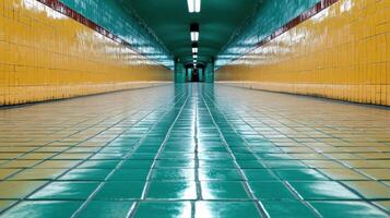 A long hallway with yellow and green tiles photo