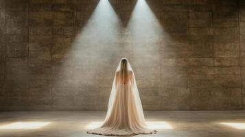 A bride standing in front of a wall with light coming from the ceiling photo