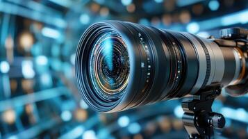 A camera lens is shown in front of a blurry background photo