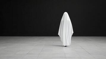 A white ghost standing in a room with a black wall photo