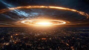 An alien ring over a city at night photo