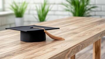 A graduation cap sits on a wooden table photo