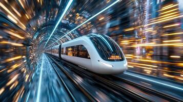 A train moving through a tunnel with lights photo
