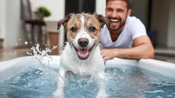 A man and his dog in a bathtub photo