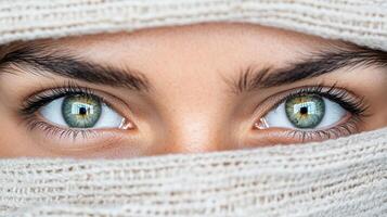 A woman with green eyes covered by a scarf photo